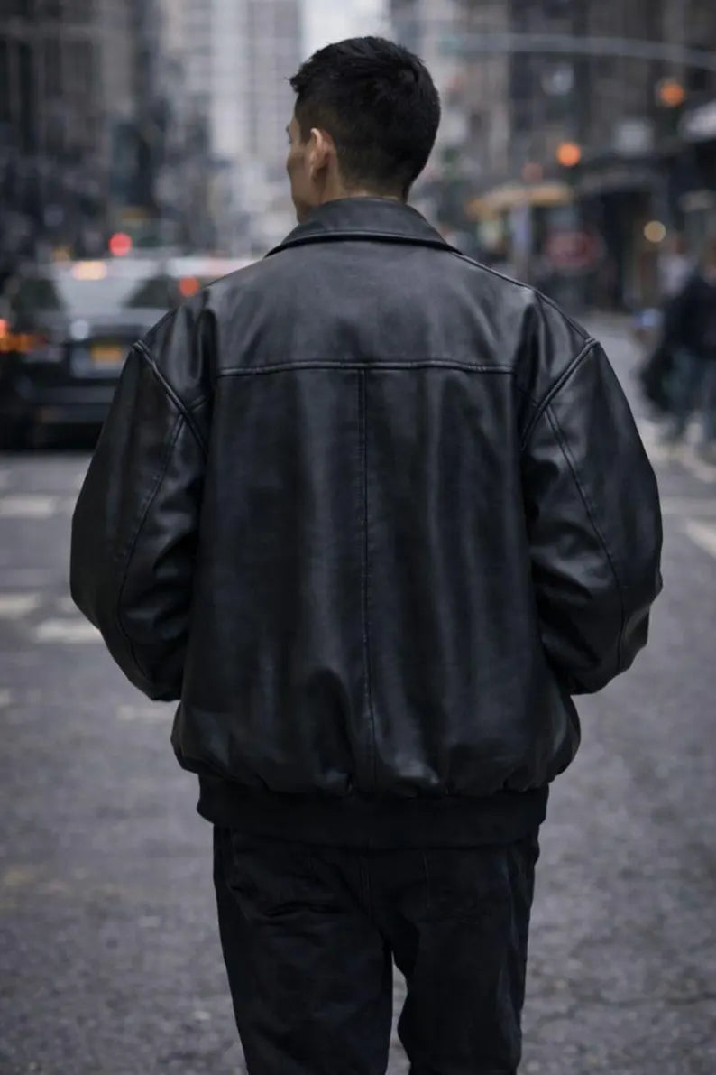 New Mens 90s Oversized Black Leather Jacket Vintage Handmade Genuine Leather Bomber Jacket Casual Baggy Style Retro Streetwear Majestic Leather