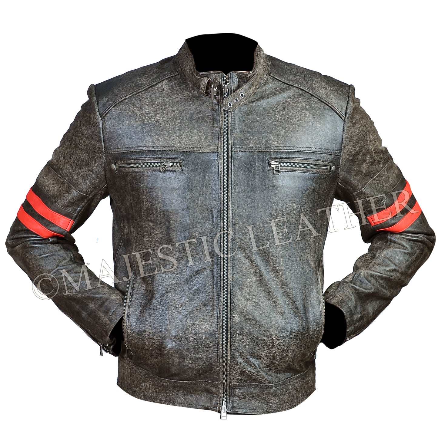 Men's Cafe Racer Distress Faded Black Cowhide Red banded Arms Leather Jacket | Majestic Leather Majestic Leather