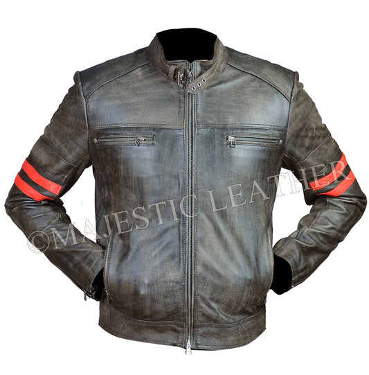 Men's Cafe Racer Distress Faded Black Cowhide Red banded Arms Leather Jacket | Majestic Leather Majestic Leather