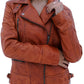 WOMEN REAL LEATHER BIKER LEATHER JACKET TAN BROWN WAXED SOFT LAMBSKIN