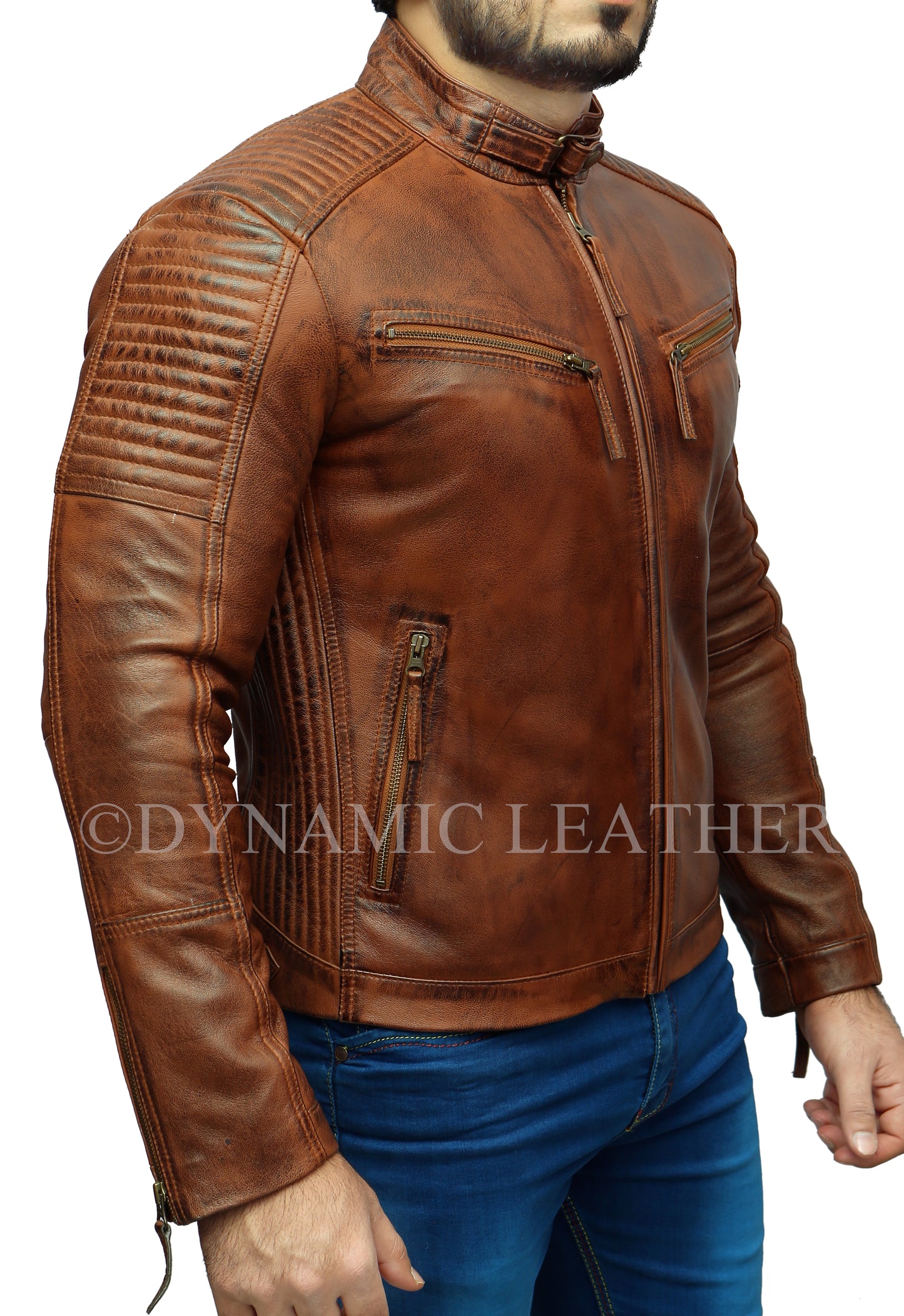 Men's Cross Pocket Zipped Wrinkled Shoulders Racer Brown Leather Jacket | Majestic Leather Majestic Leather