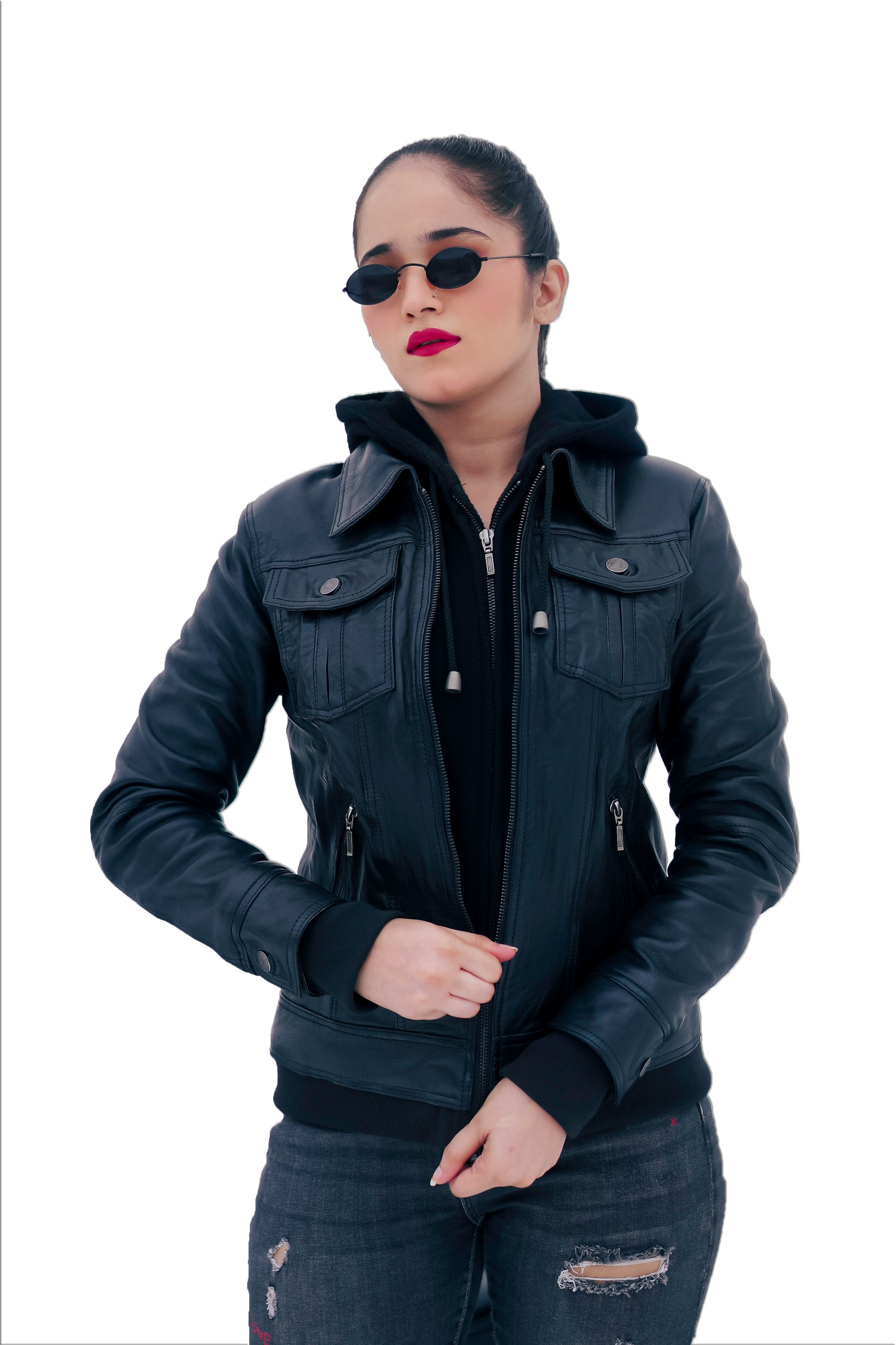 Women's New REAL TERMINATOR STYLE LEATHER HOODED VINTAGE SOFT LAMBSKIN JACKET Majestic Leather