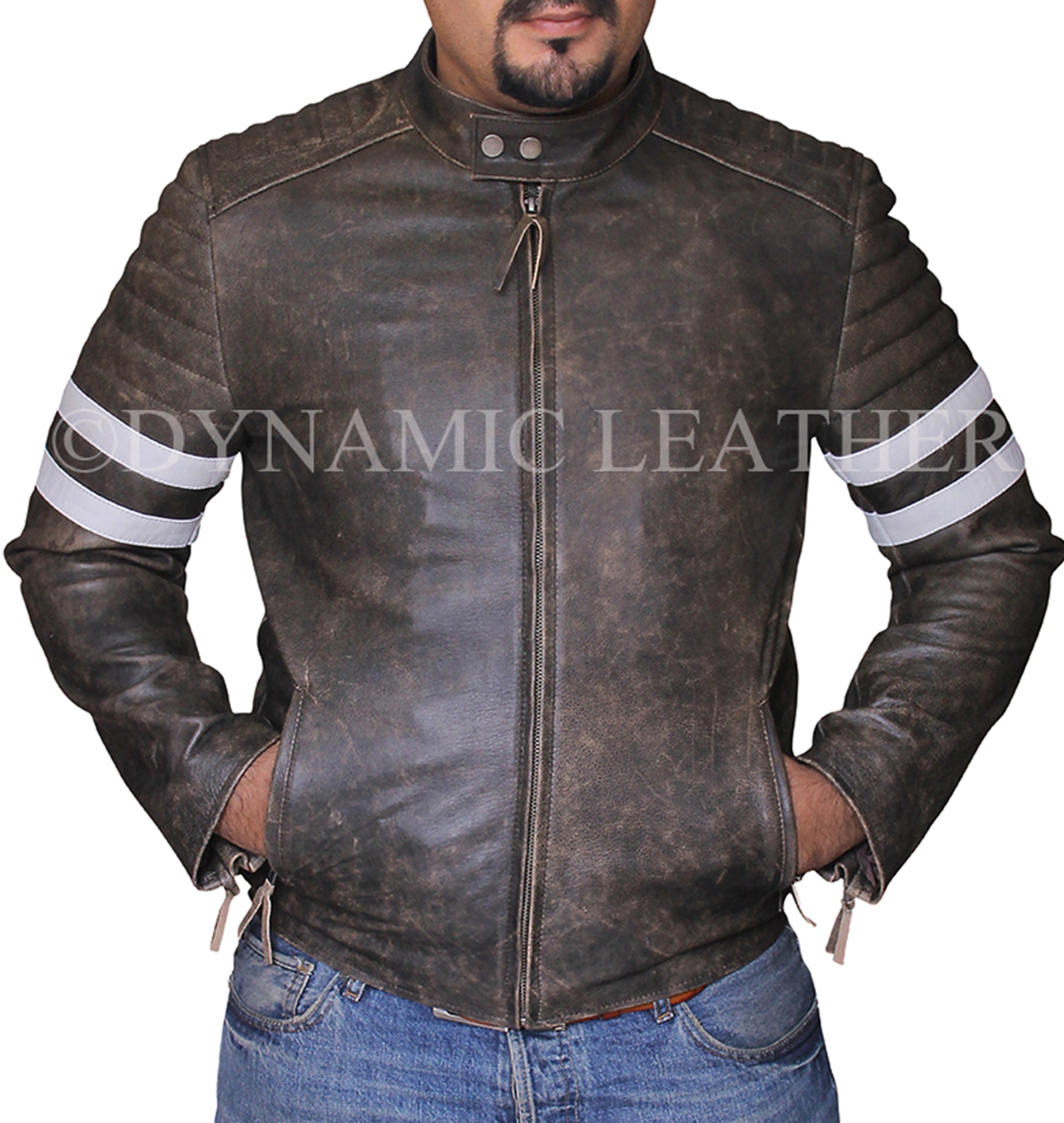 Majestic Leather - Mens Biker Vintage Distressed Faded Brown Fight Club Leather Jacket Majestic Leather