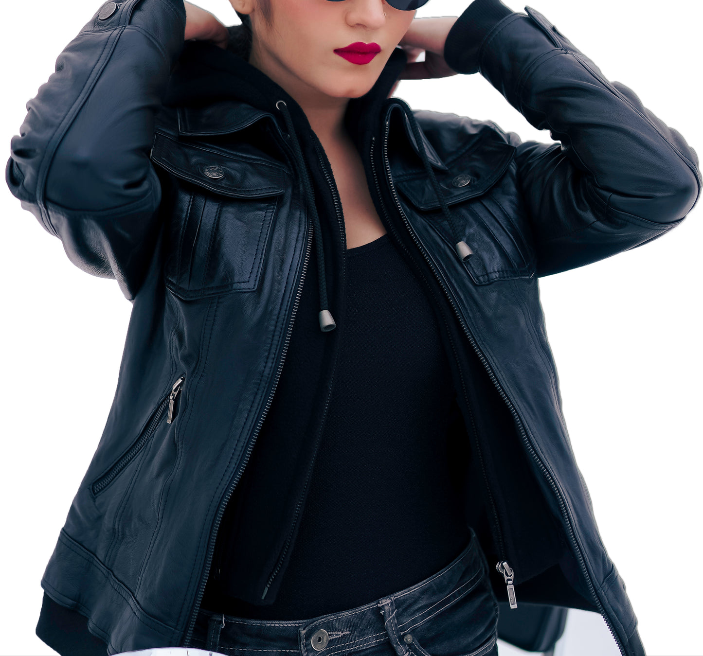 WOMEN REAL LEATHER HOODED SOFT LAMBSKIN BIKER JACKET