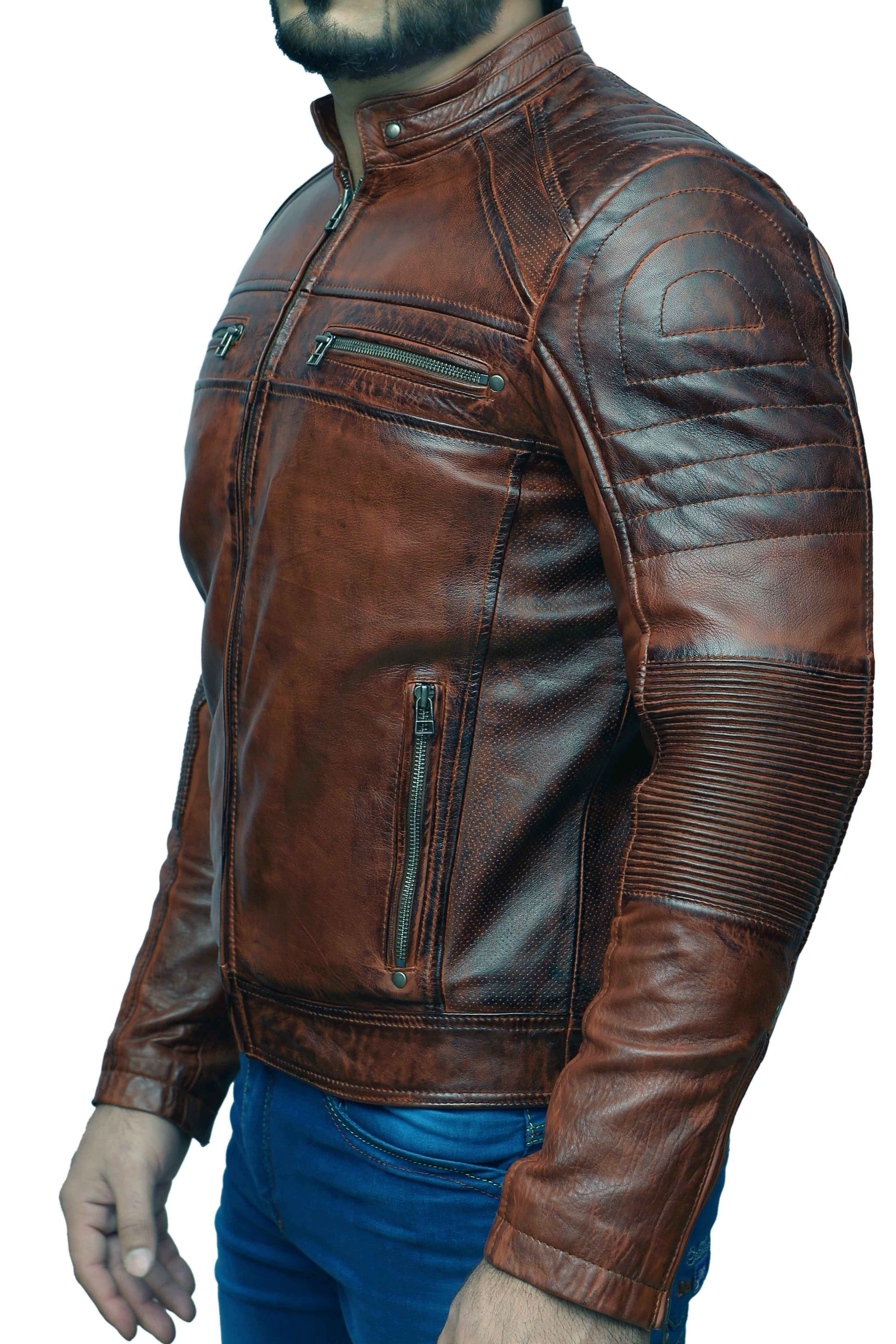 Men's New Cafe Racer Antique Brown Cowhide Leather | Majestic Leather Majestic Leather