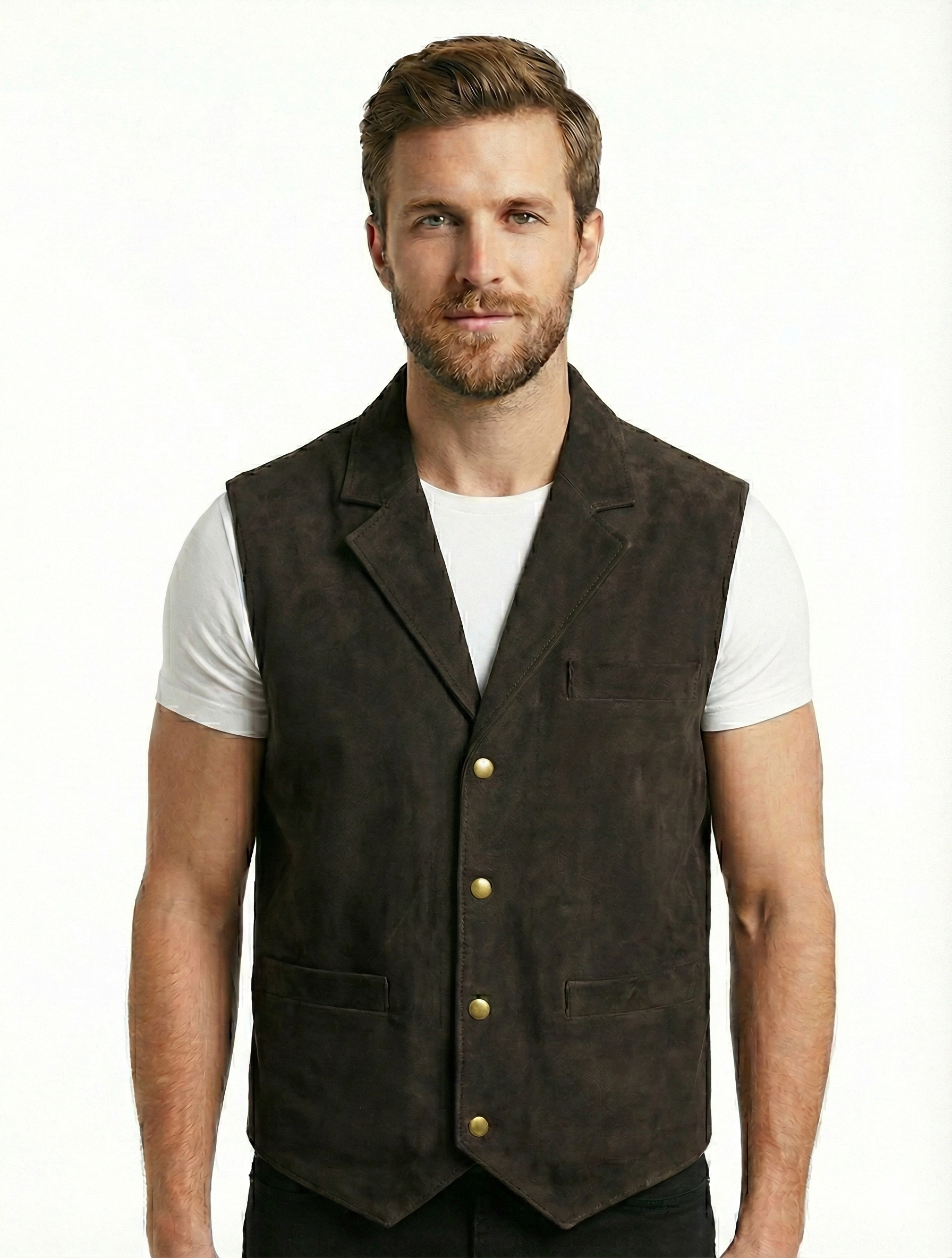 Men's French Lapel Real Suede Leather Vest | Majestic Leather — sleeve detail | Majestic Leather UK
