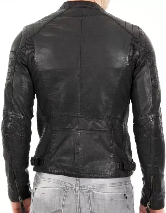 Majestic Leather - MENS VINTAGE DIAMOND CAFE RACER BLACK GENUINE LEATHER SLIM FIT REAL BIKER JACKET Majestic Leather