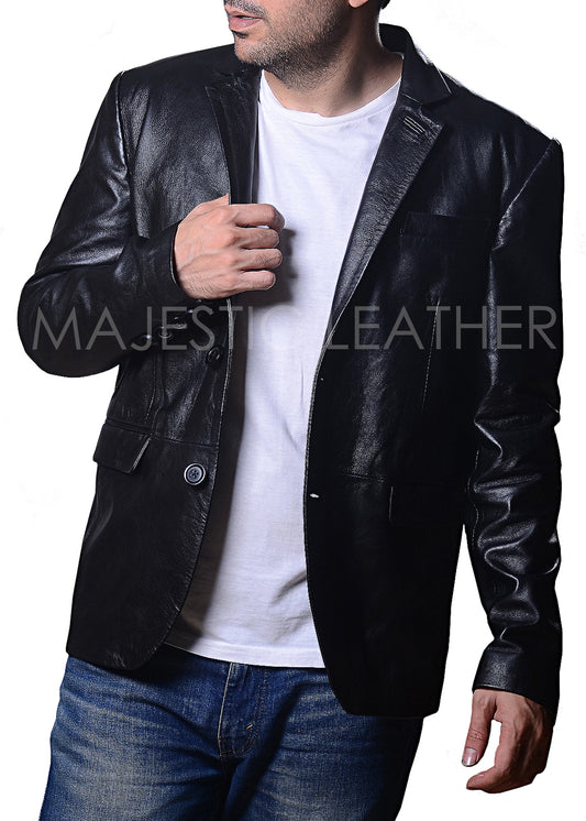 Men's Genuine Lambskin Real Leather Two Button Formal Semi Casual Slim Fit Black Blazer