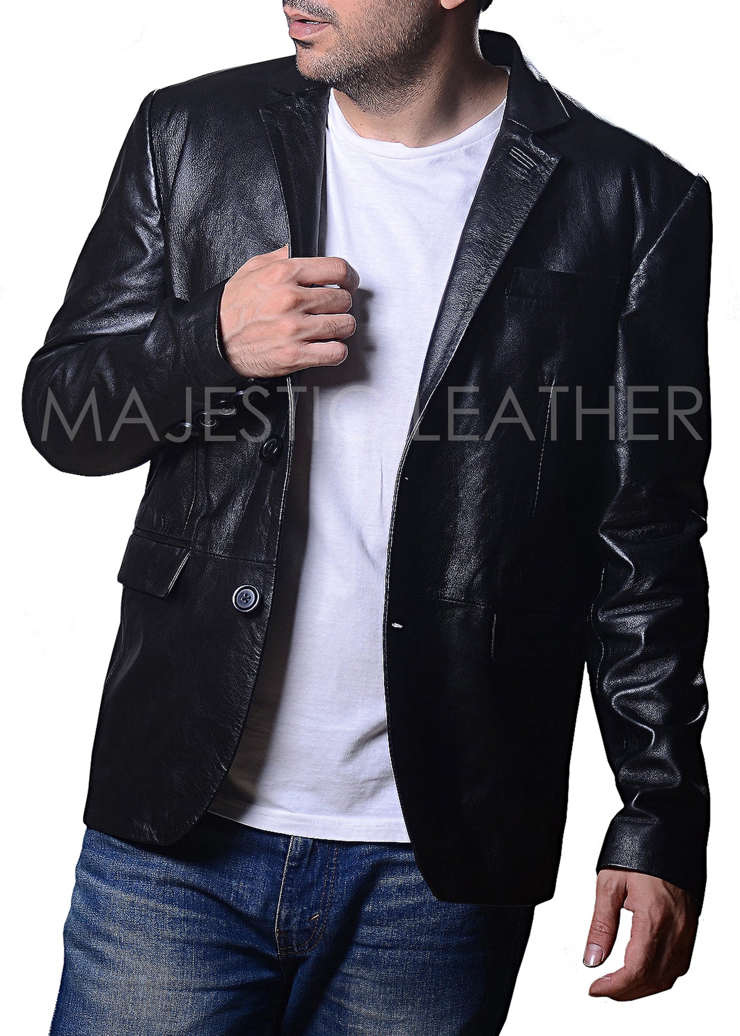 Herrenblazer aus echtem Lammleder mit zwei Knöpfen, formeller, halblässiger Slim Fit, schwarzer Blazer