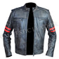 Men's Cafe Racer Distress Faded Black Cowhide Red banded Arms Leather Jacket | Majestic Leather Majestic Leather