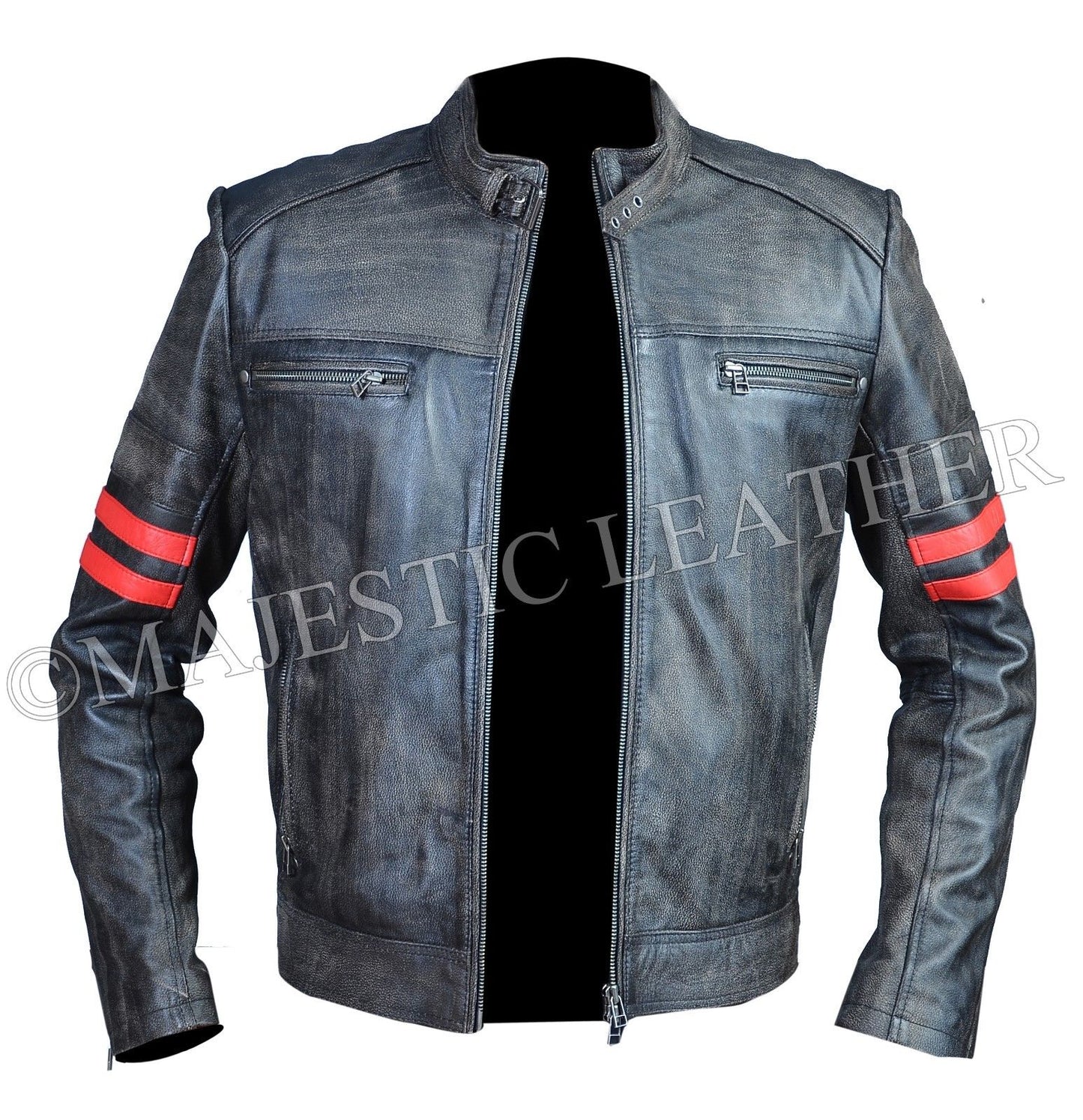 Men's Cafe Racer Distress Faded Black Cowhide Red banded Arms Leather Jacket | Majestic Leather Majestic Leather