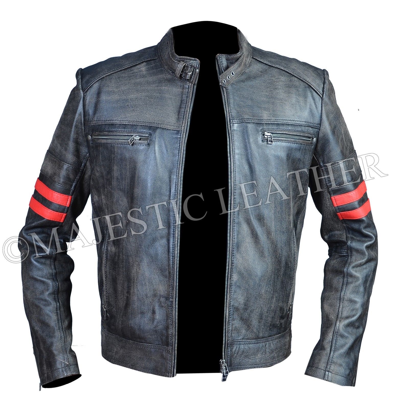 Men's Cafe Racer Distress Faded Black Cowhide Red banded Arms Leather Jacket | Majestic Leather Majestic Leather