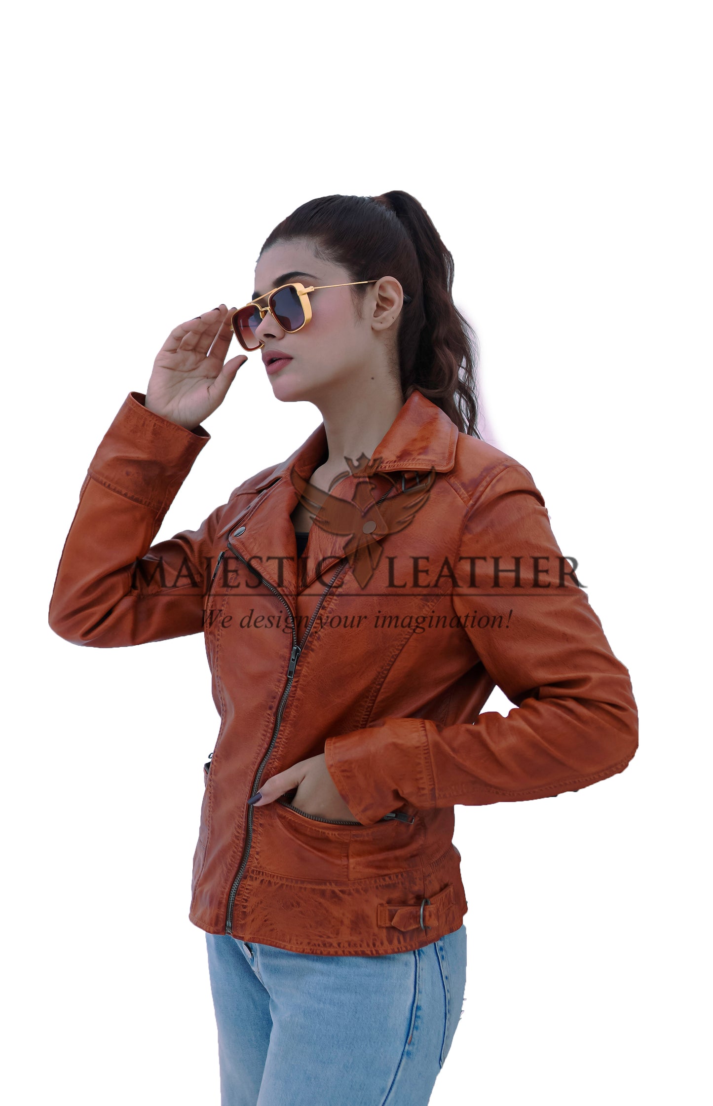 Women's New Real Lambskin Camel Brown Biker Leather Jacket | Majestic Leather Majestic Leather