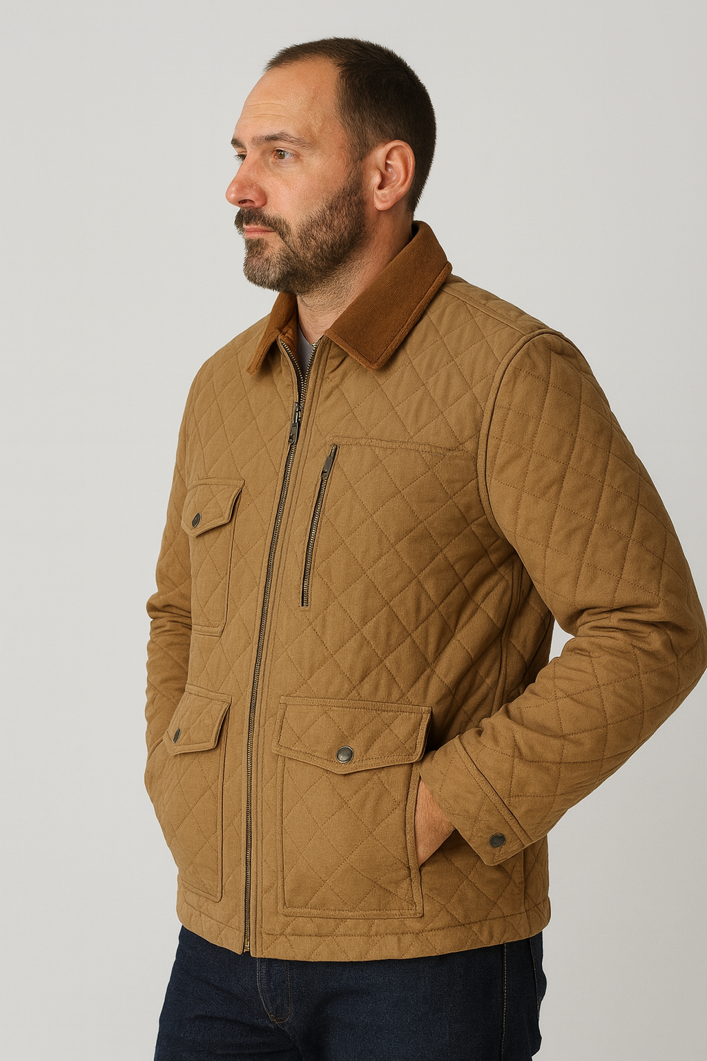 Majestic Leather - Men's New Men’s Tan Yellow Quilted Stone Jacket with Corduroy Collar – Diamond Stitch Field Coat with Zip Closure Majestic Leather