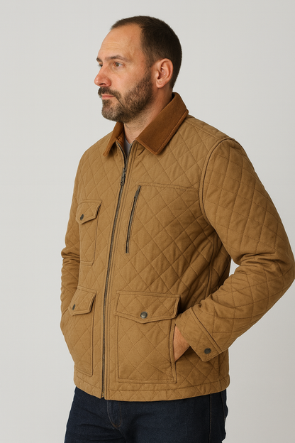 Majestic Leather - Men's New Men’s Tan Yellow Quilted Stone Jacket with Corduroy Collar – Diamond Stitch Field Coat with Zip Closure Majestic Leather
