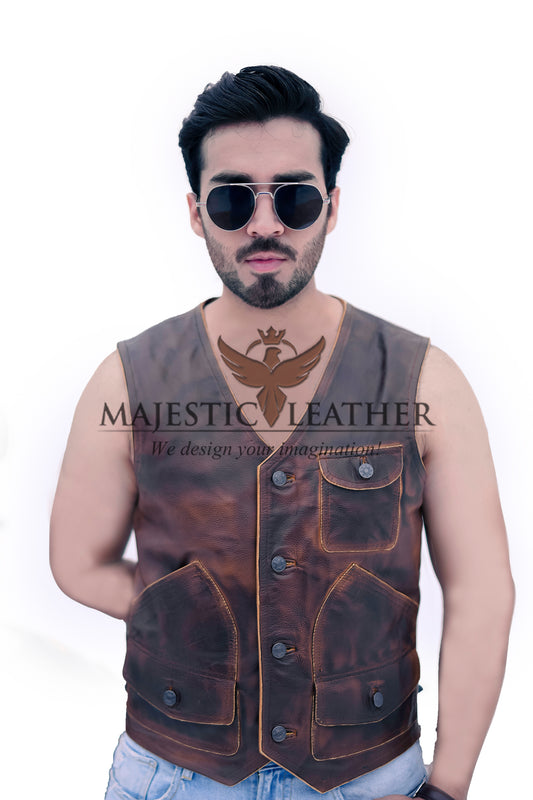 New Men's Biker Vintage Tan Brown Real Leather Motorcycle Vest