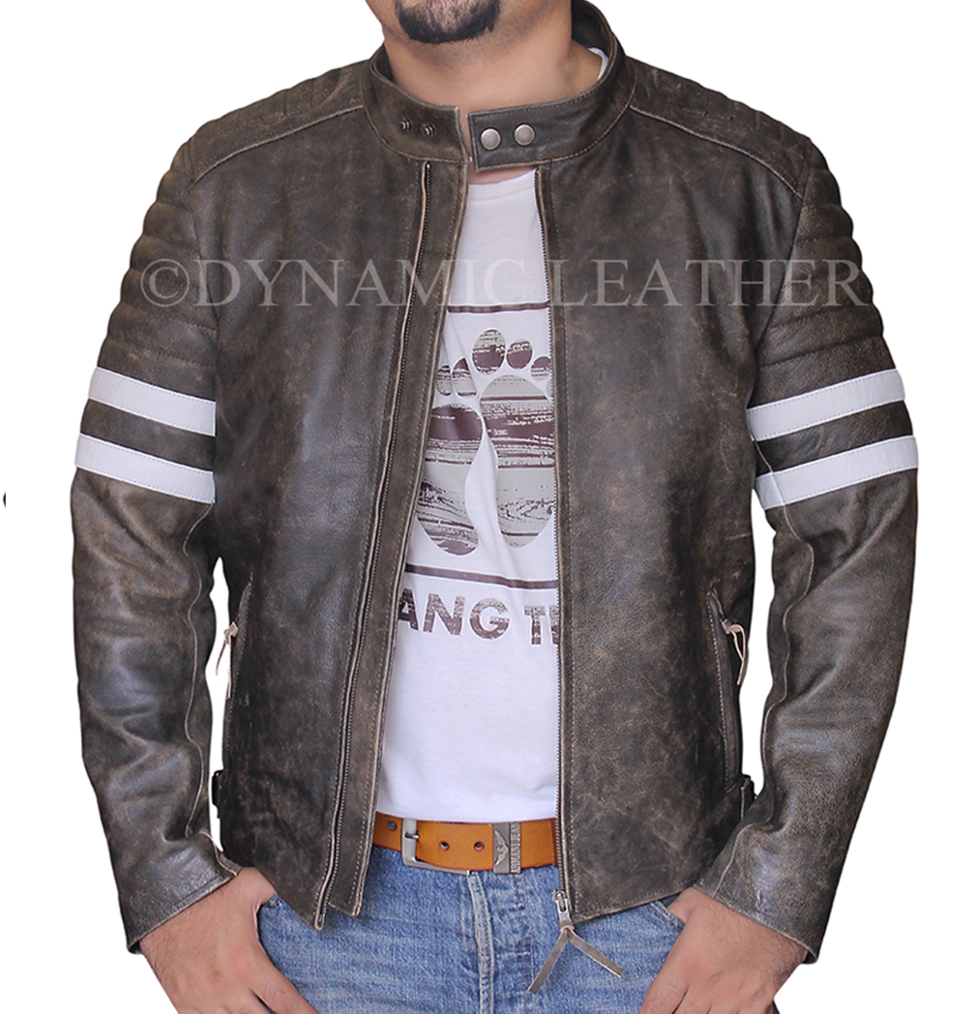 Majestic Leather - Mens Biker Vintage Distressed Faded Brown Fight Club Leather Jacket Majestic Leather