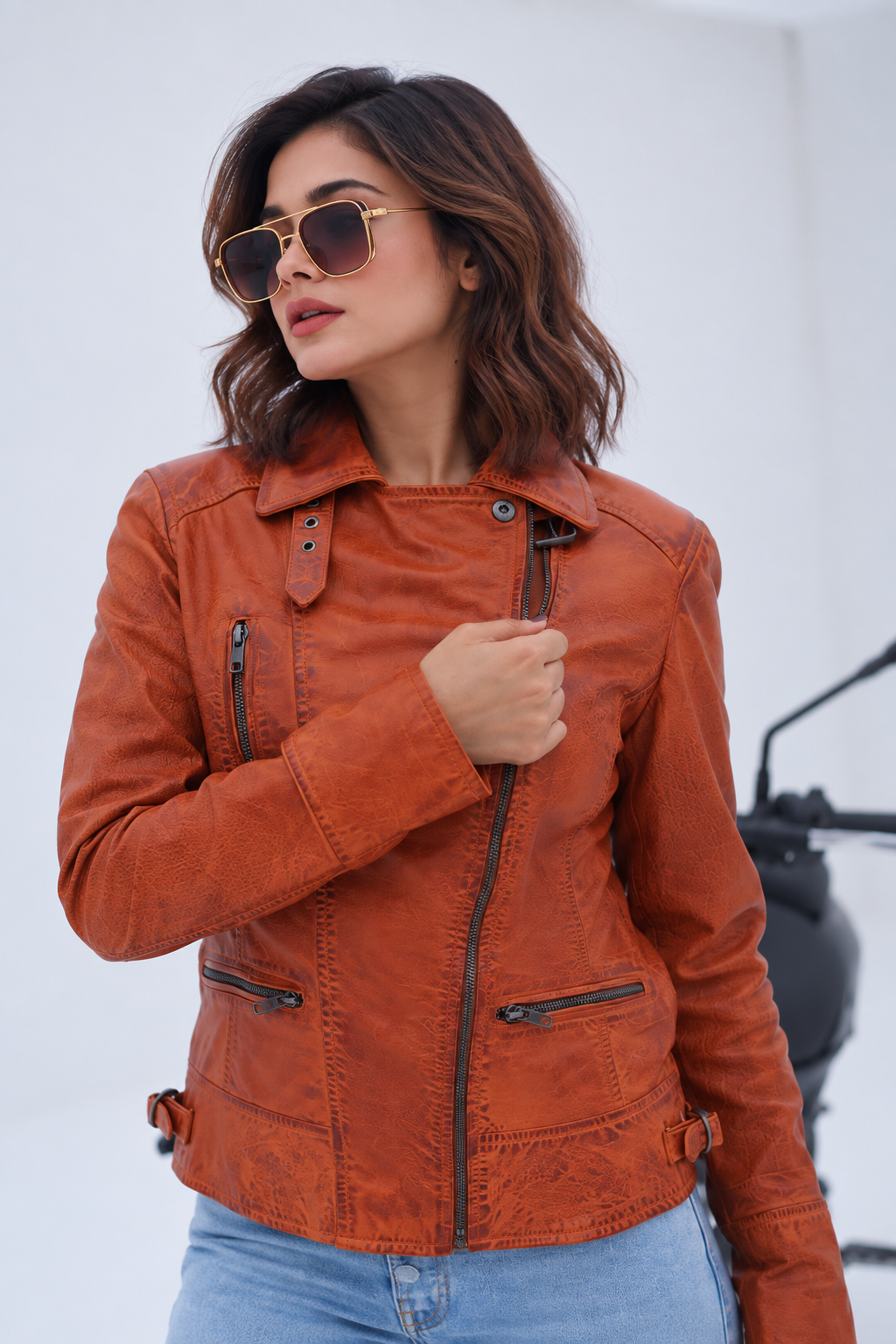 Women's New Real Lambskin Brown Brando Biker | Majestic Leather Majestic Leather
