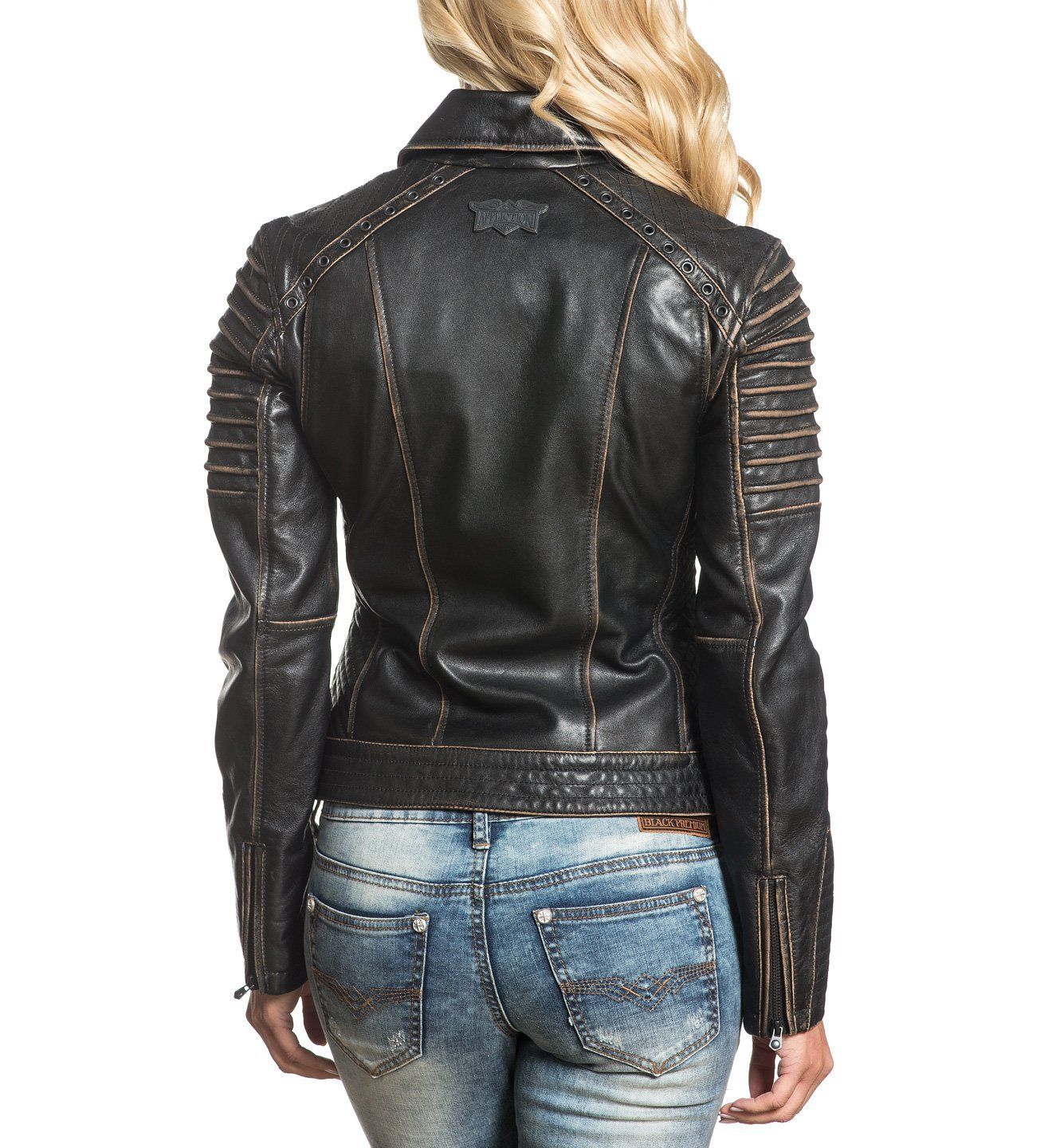 Women's - Destiny Distressed Black Biker Real Leather Slim Fit Biker Jacket Majestic Leather