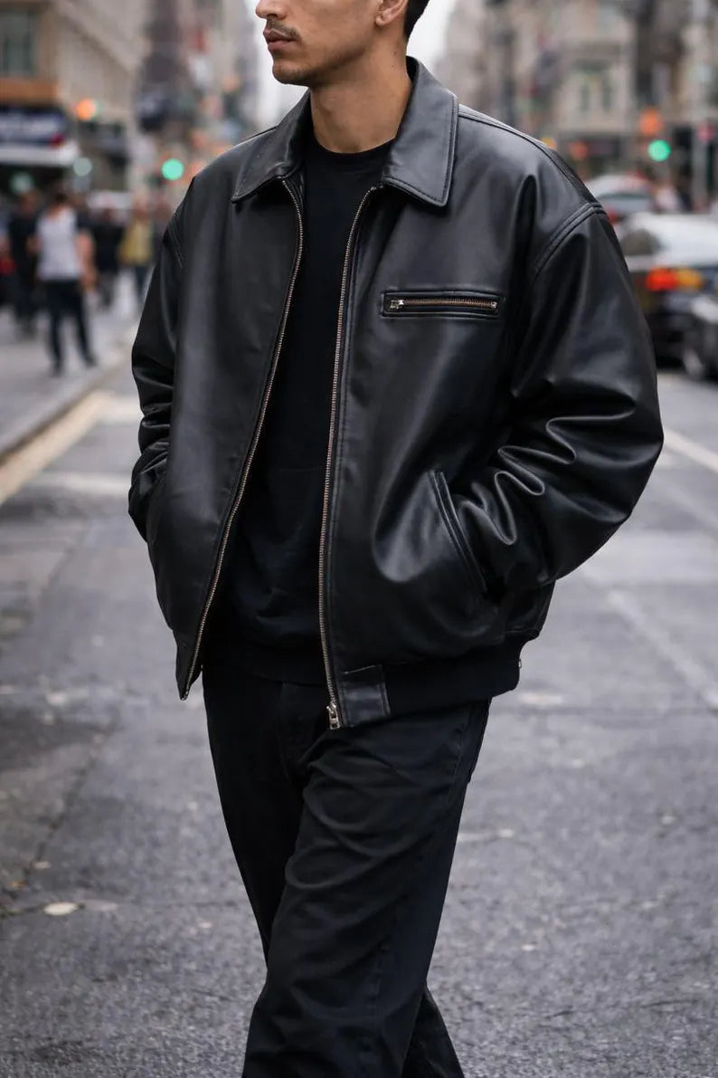 New Mens 90s Oversized Black Leather Jacket Vintage Handmade Genuine Leather Bomber Jacket Casual Baggy Style Retro Streetwear Majestic Leather