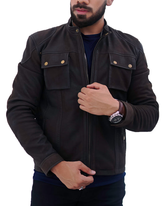 NEW MENS CHOCO BROWN REAL LAMBSKIN NUBUCK SNUFF PREMIUM LEATHER JACKET