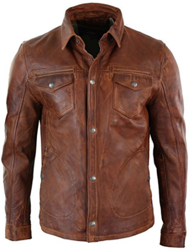 Majestic Leather - Mens Hot Genuine Real Leather Casual Tan Brown Shirt Majestic Leather