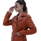 WOMEN REAL LEATHER BIKER LEATHER JACKET TAN BROWN WAXED SOFT LAMBSKIN