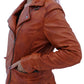 WOMEN REAL LEATHER BIKER LEATHER JACKET TAN BROWN WAXED SOFT LAMBSKIN