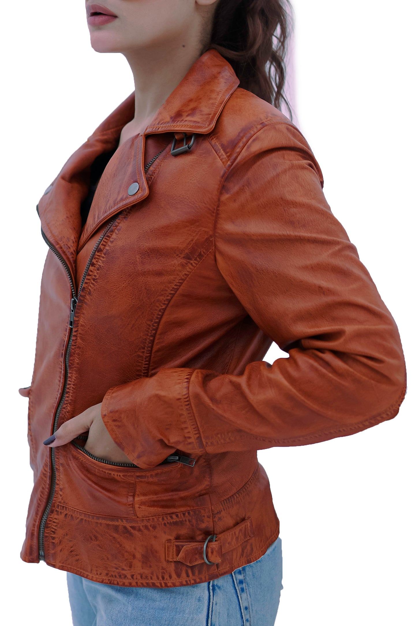 WOMEN REAL LEATHER BIKER LEATHER JACKET TAN BROWN WAXED SOFT LAMBSKIN