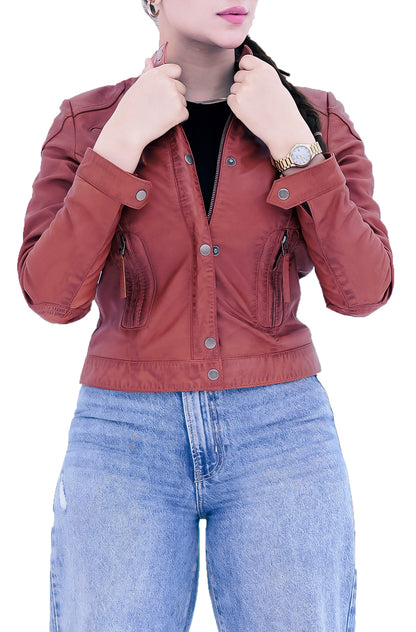 Women's New Real Lambskin Camel Brown Brando Biker Leather Jacket | Majestic Leather (Copy) Majestic Leather