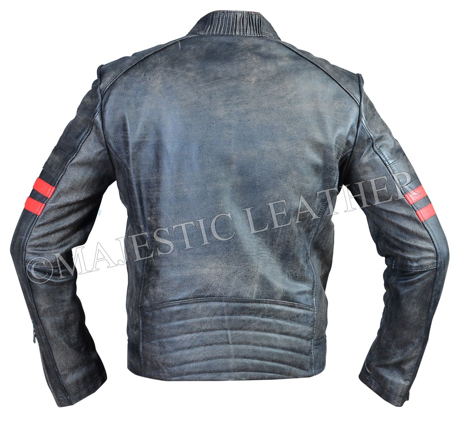 Men's Cafe Racer Distress Faded Black Cowhide Red banded Arms Leather Jacket | Majestic Leather Majestic Leather