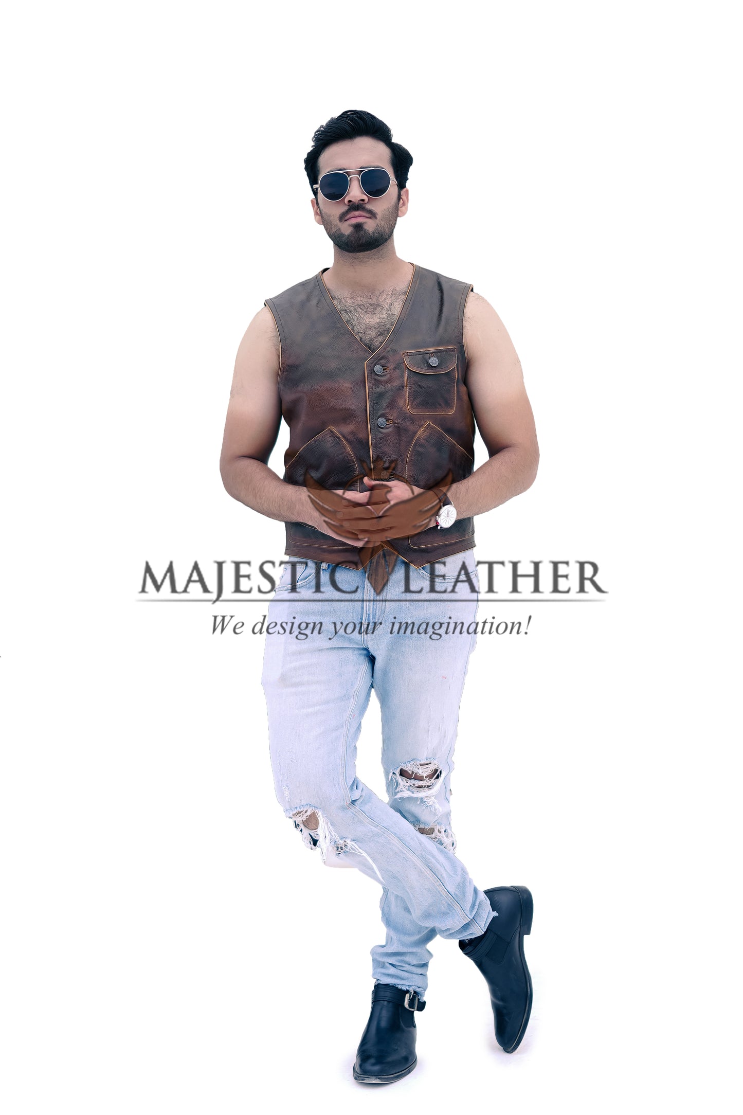 New Men's Biker Vintage Tan Brown Real Leather Motorcycle Vest