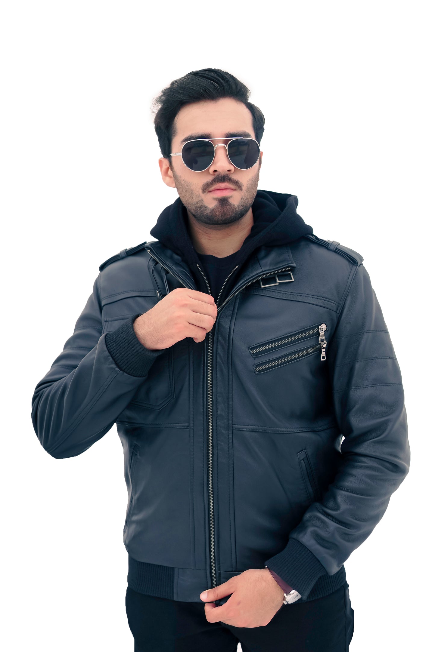 New Mens Genuine Real Leather Jacket Black Bomber Winter Hooded Jacket Coat