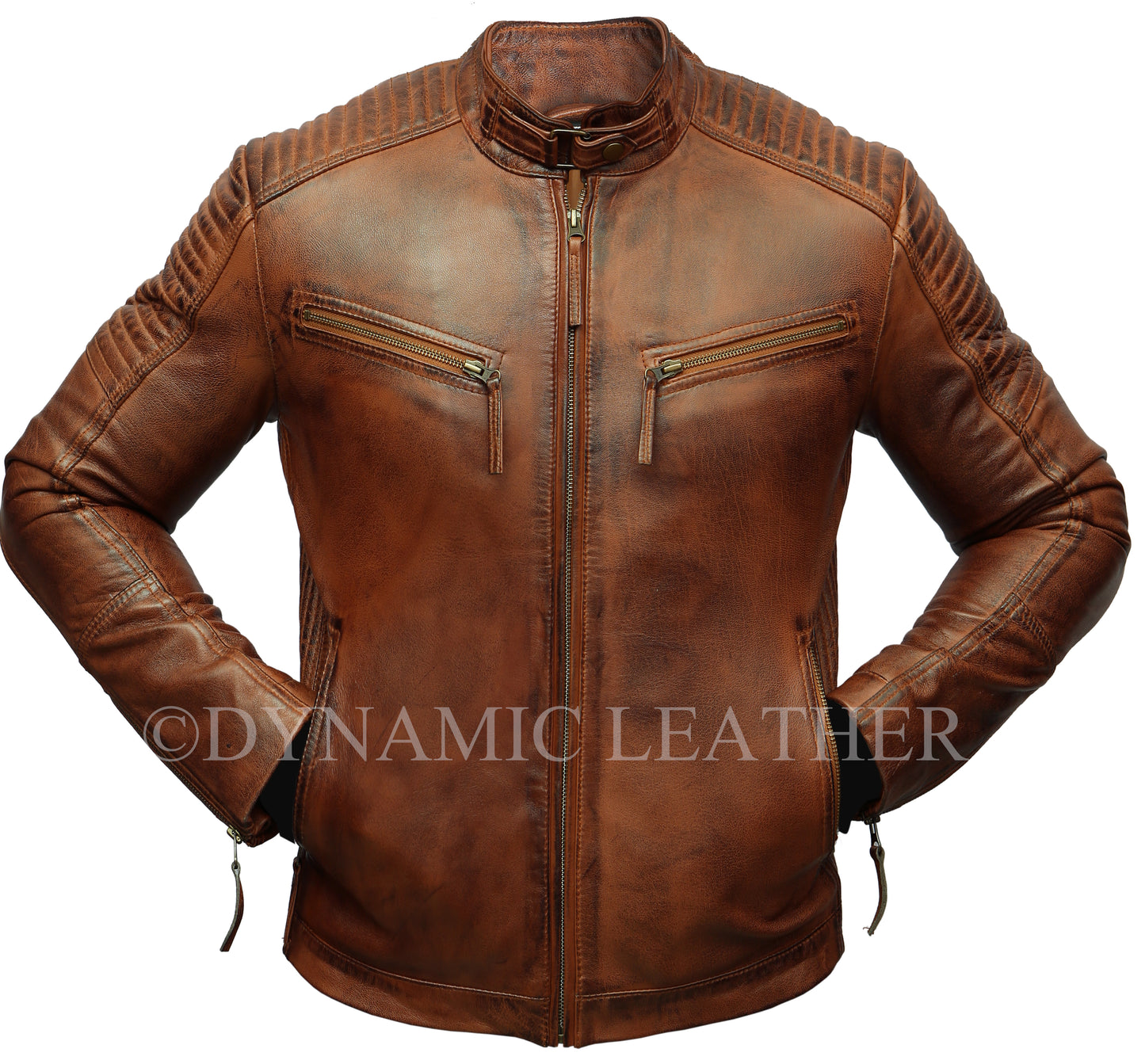 Men's Cross Pocket Zipped Wrinkled Shoulders Racer Brown Leather Jacket | Majestic Leather Majestic Leather