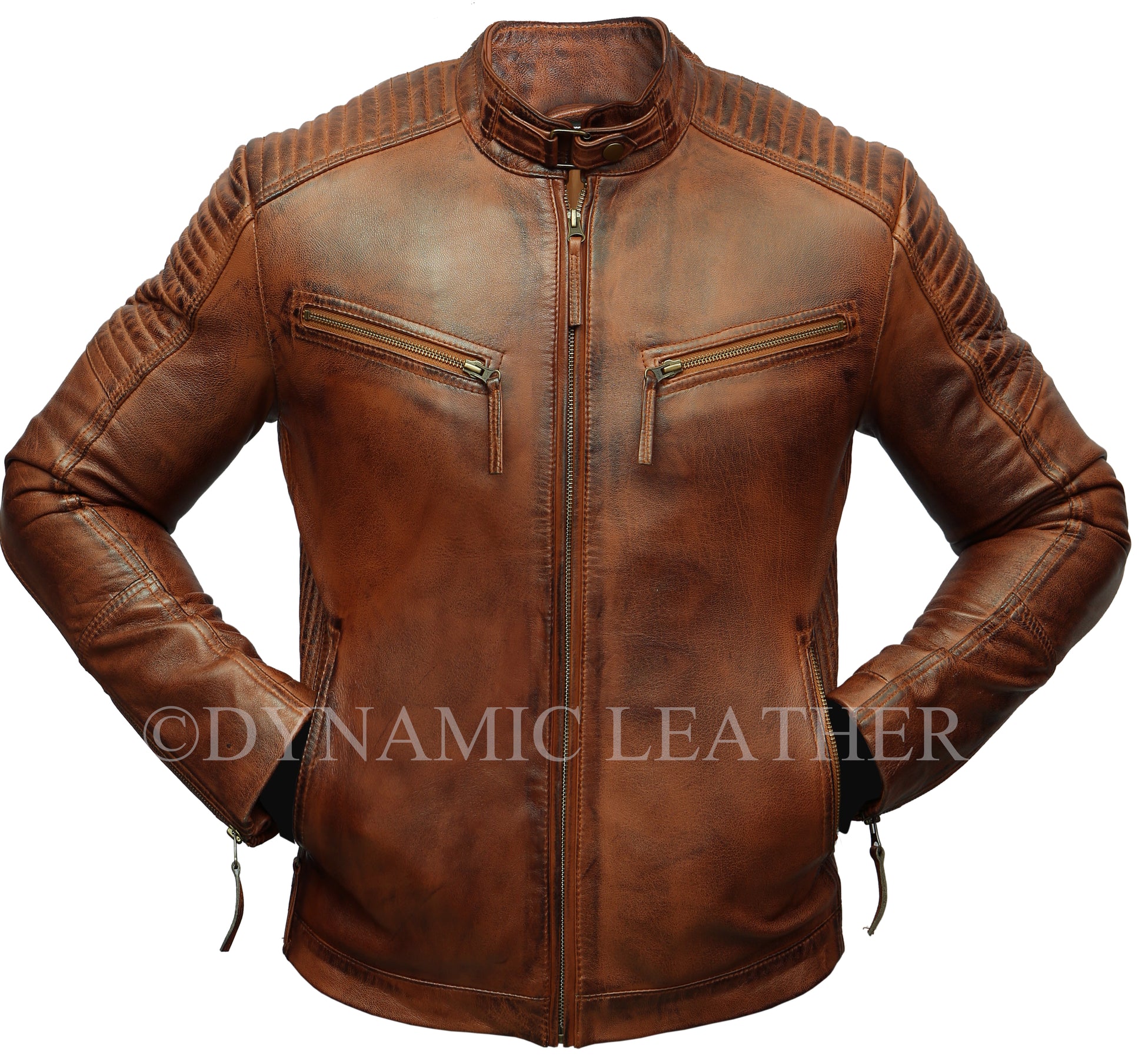 Men's Cross Pocket Zipped Wrinkled Shoulders Racer Brown Leather Jacket | Majestic Leather Majestic Leather