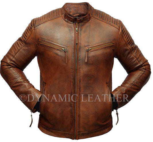 Men's Cross Pocket Zipped Wrinkled Shoulders Racer Brown Leather Jacket | Majestic Leather Majestic Leather