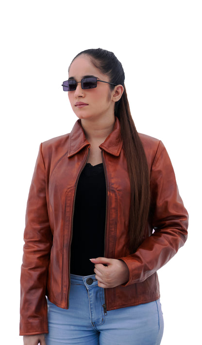 Women's New Real Lambskin Rust Brown Biker Leather Coat Majestic Leather