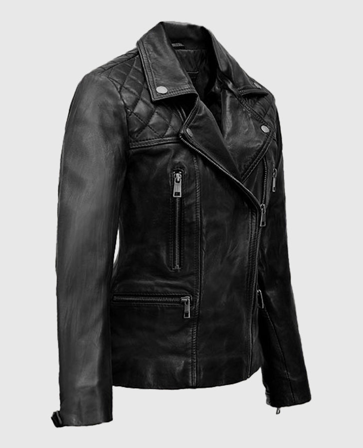 Chloe Decker Black Leather Jacket – Women’s | Majestic Leather — collar detail | Majestic Leather UK