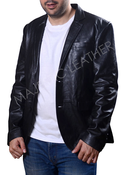 Men's Genuine Lambskin Real Leather Two Button Formal Semi Casual Slim Fit Black Blazer