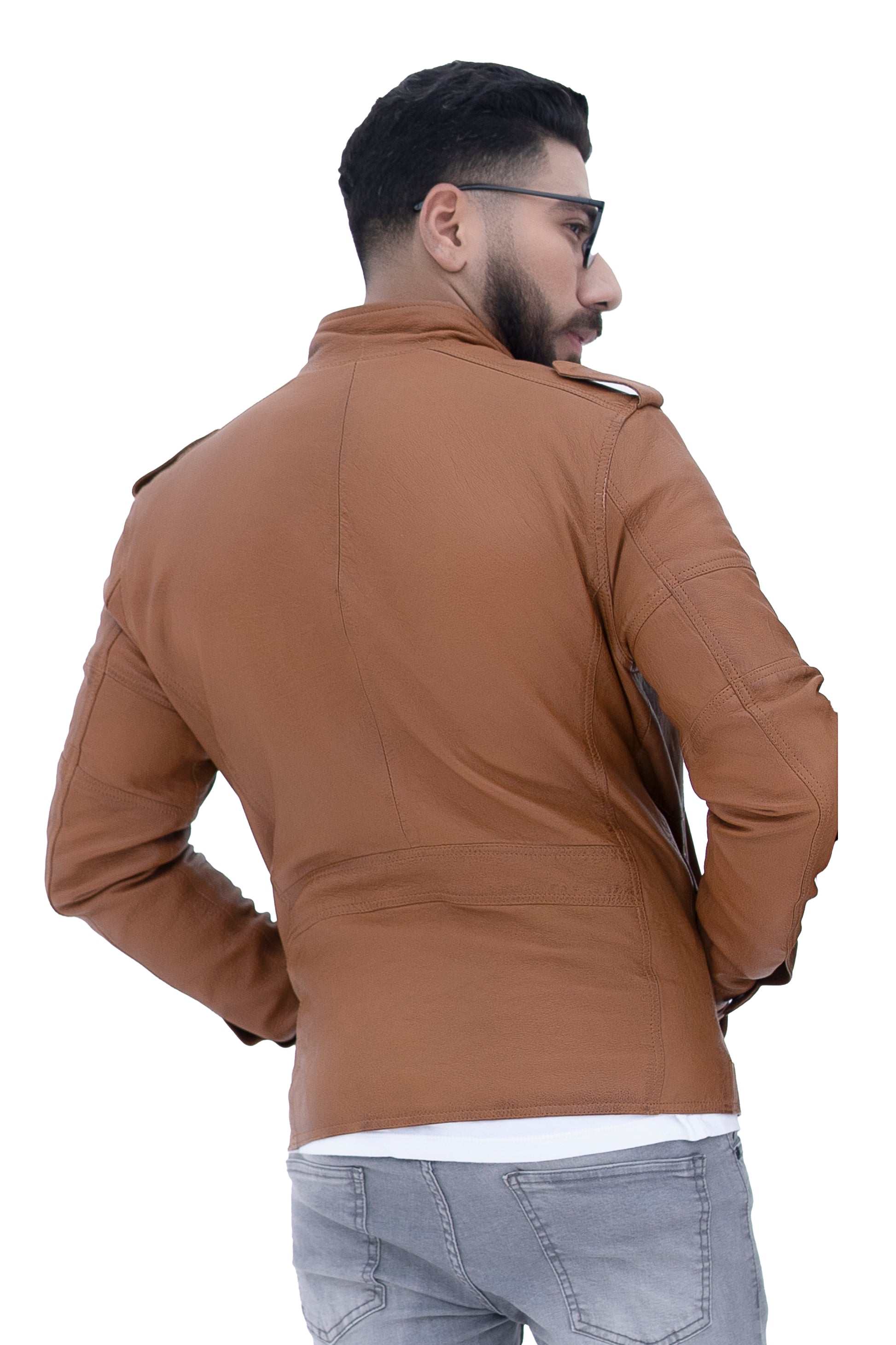 Men's New Biker Light Tan Brown Lambskin Leather Shirt | Majestic Leather Majestic Leather