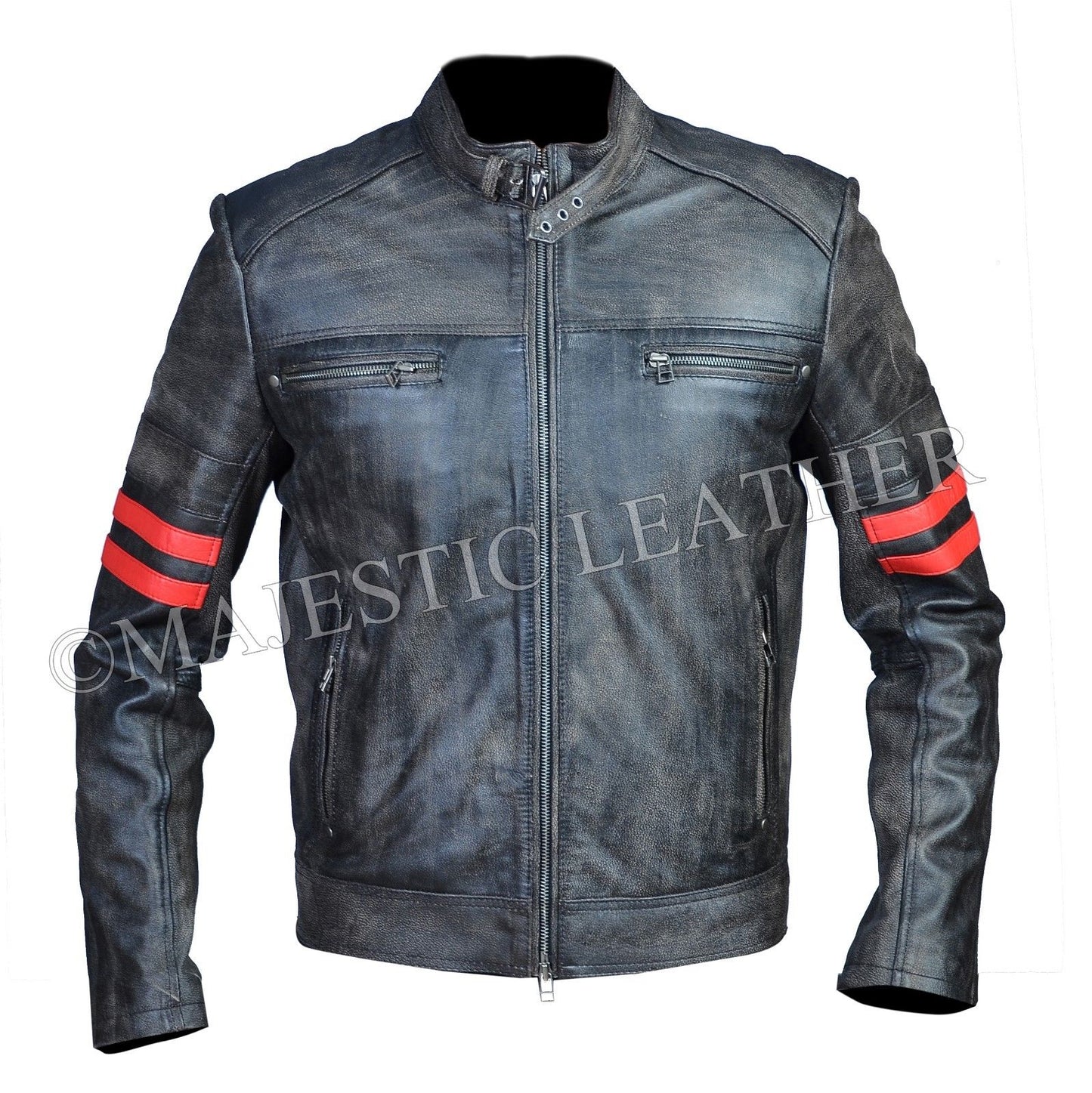 Men's Cafe Racer Distress Faded Black Cowhide Red banded Arms Leather Jacket | Majestic Leather Majestic Leather