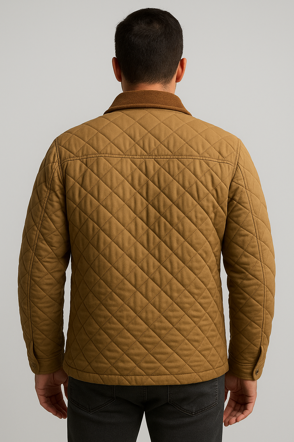 Majestic Leather - Men's New Men’s Tan Yellow Quilted Stone Jacket with Corduroy Collar – Diamond Stitch Field Coat with Zip Closure Majestic Leather