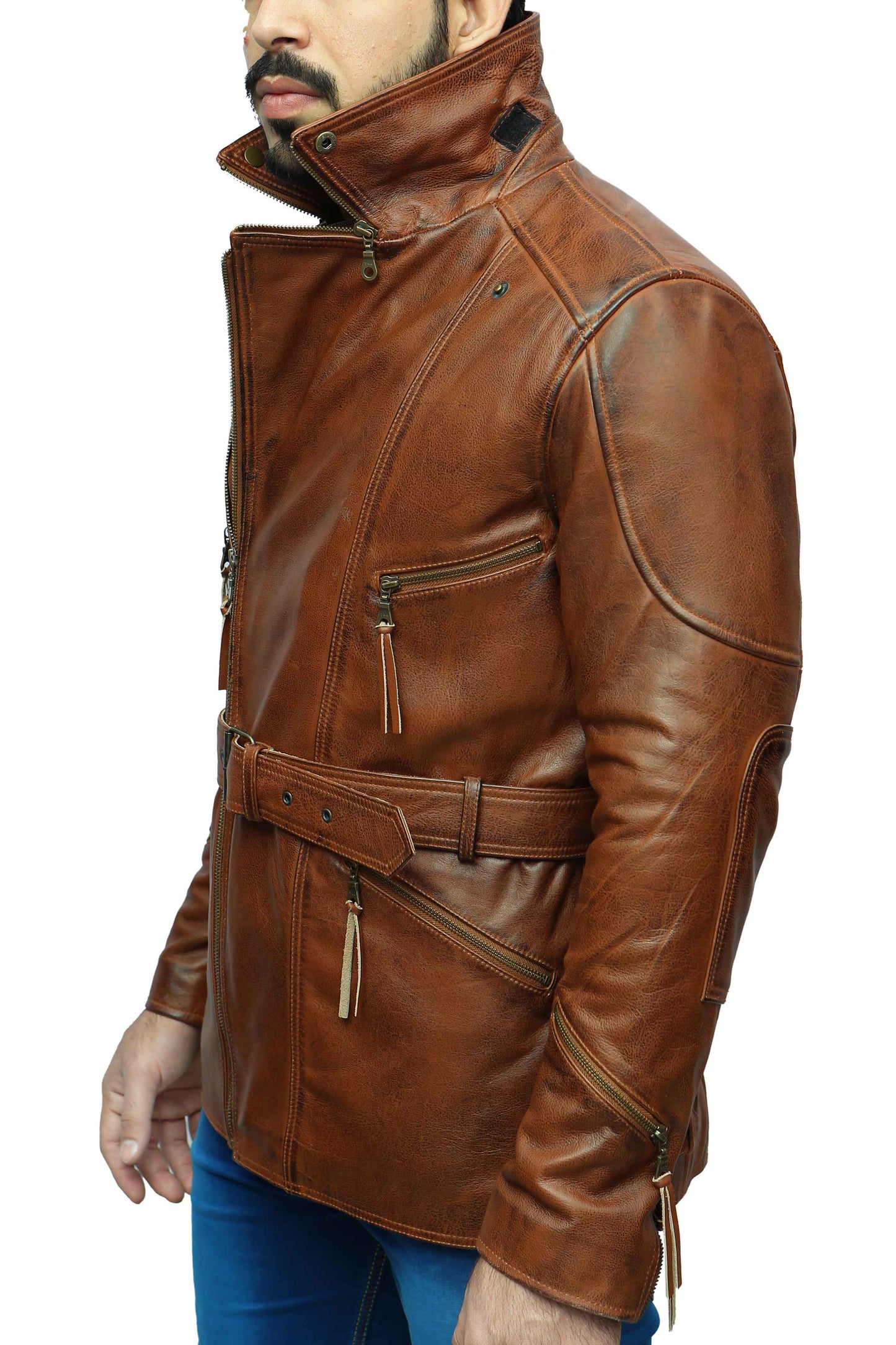 Real Leather Brown Jacket 3/4 Lenght Coat | Majestic Leather — side profile | Majestic Leather UK
