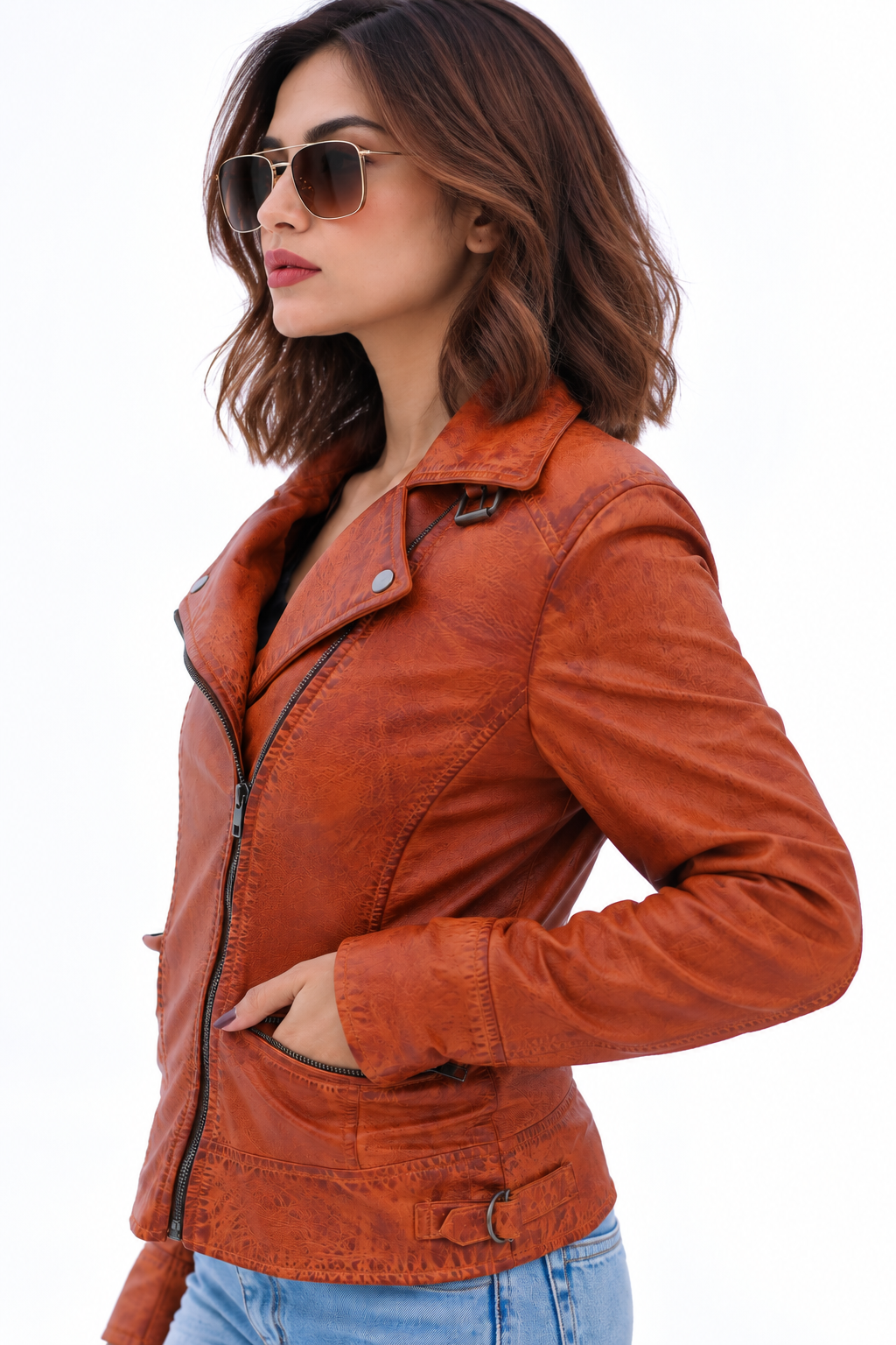 Women's New Real Lambskin Brown Brando Biker | Majestic Leather Majestic Leather