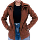 WOMEN REAL LAMBSKIN CAMEL BROWN THREE-QUARTER BIKER LEATHER COAT