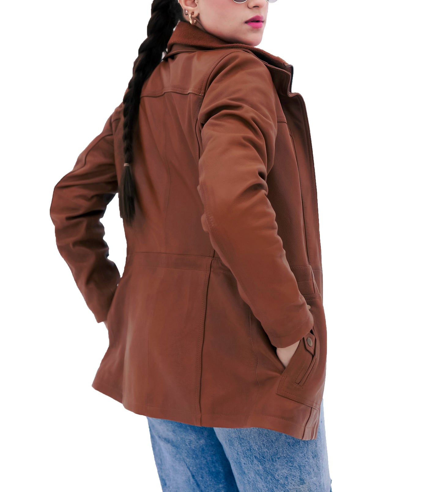 WOMEN REAL LAMBSKIN CAMEL BROWN THREE-QUARTER BIKER LEATHER COAT