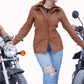 WOMEN REAL LAMBSKIN CAMEL BROWN THREE-QUARTER BIKER LEATHER COAT