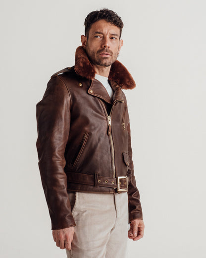 Men's Asymmetric Biker Brown Genuine Leather Jacket — back view | Majestic Leather UK