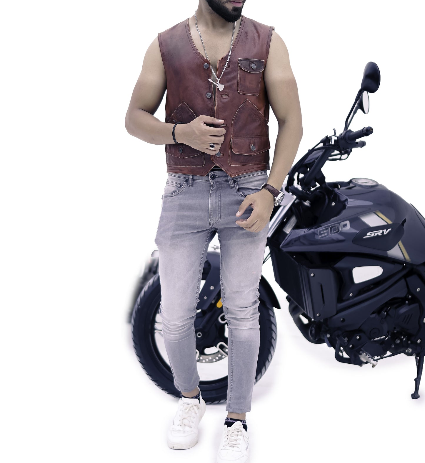 New Men's Biker Vintage Tan Brown Real Leather Motorcycle Button-Down Vest