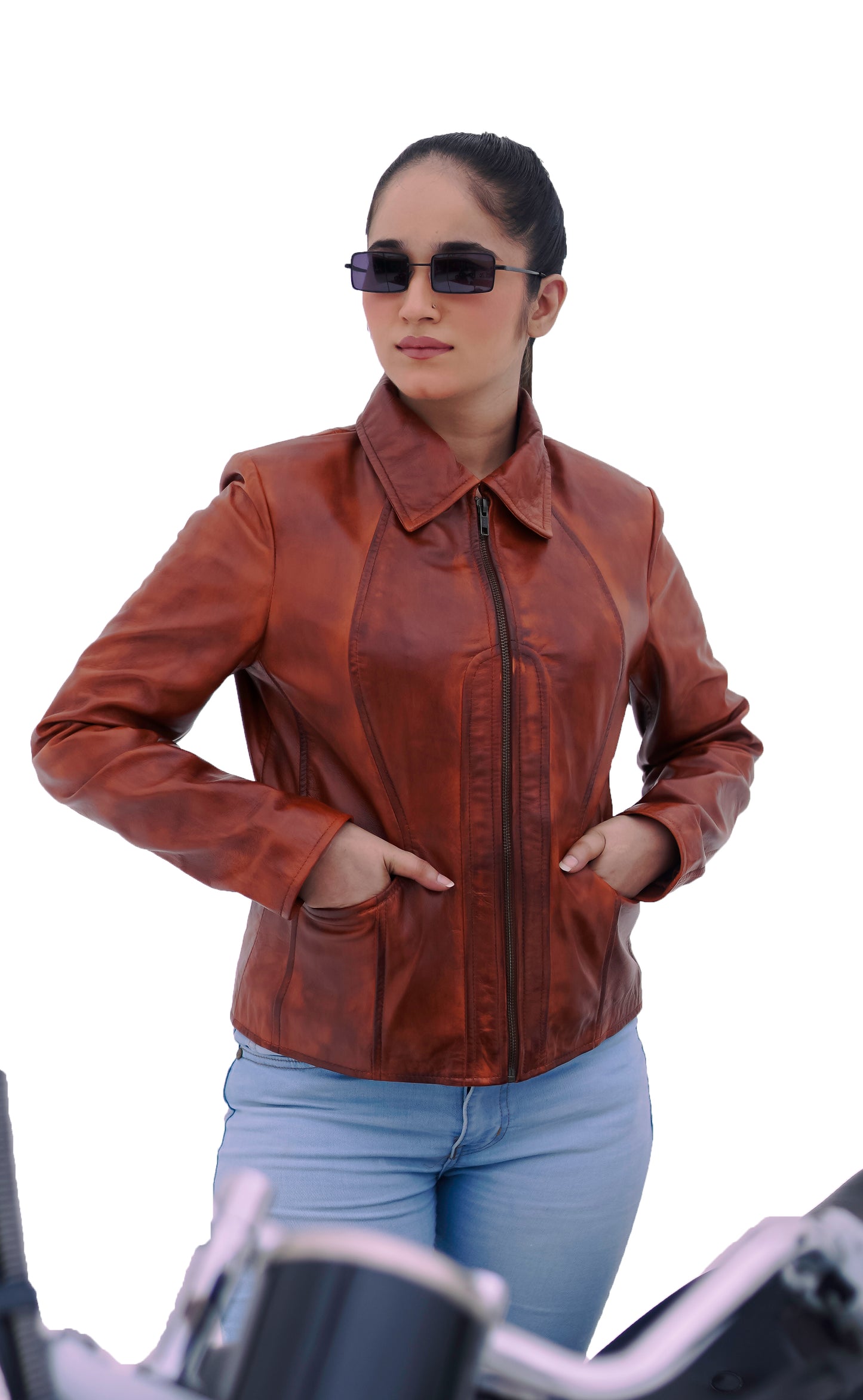 Women's New Real Lambskin Rust Brown Biker Leather Coat Majestic Leather